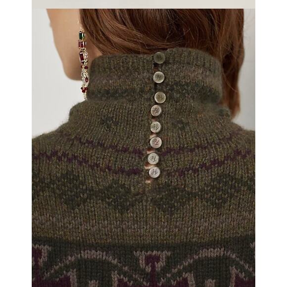 Ralph Lauren Intarsia-Knit Mockneck Sweater Wool Cashmere Hand Knit Sweater L - Picture 2 of 13